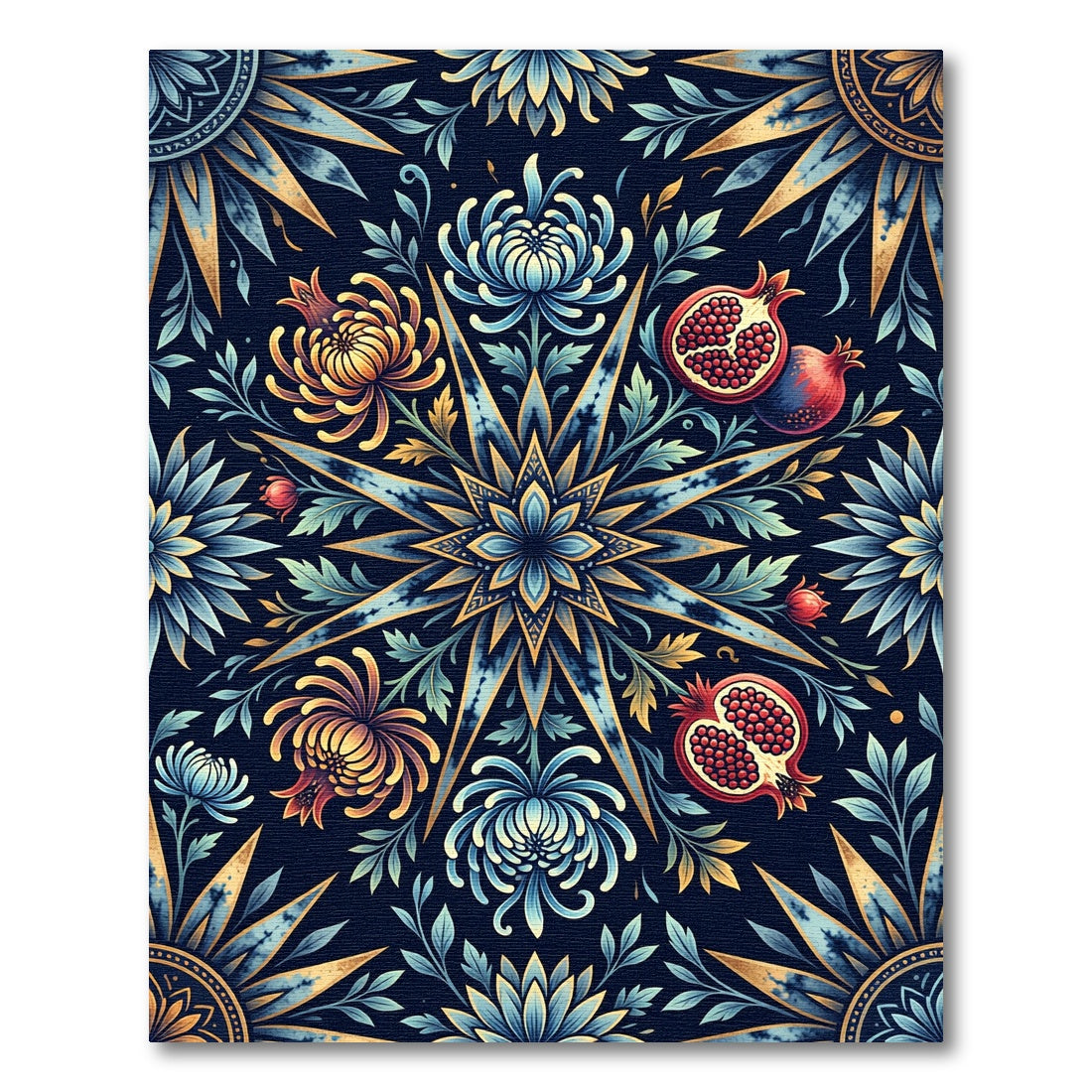 Midnight Blue Floral Pomegranate Sunburst Rug