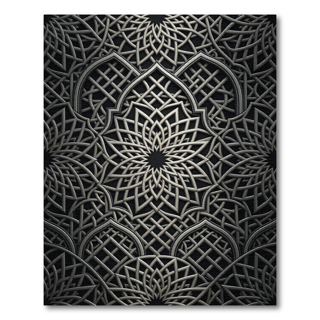 Silver Metallic Interlocked Geometric Mandala Rug