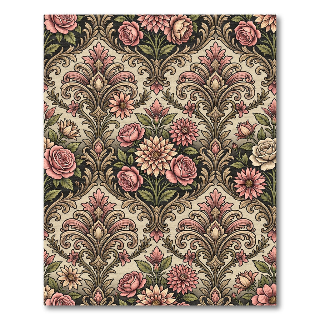 Vintage Rose Floral Damask Scroll Rug