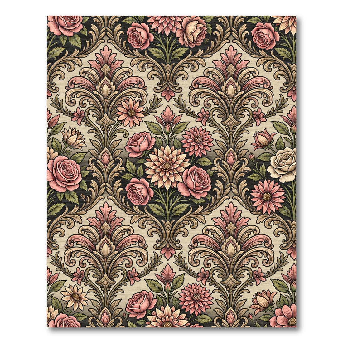 Vintage Rose Floral Damask Scroll Rug