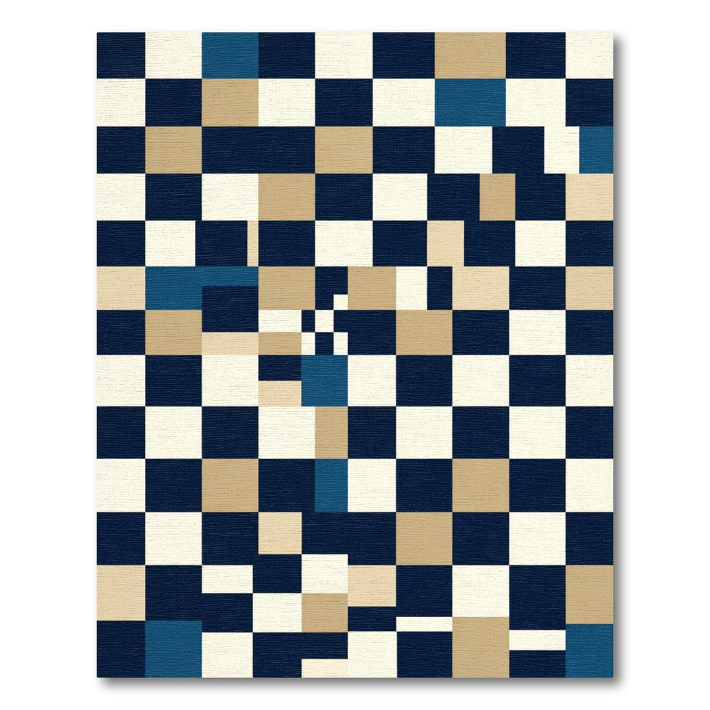 Modern Navy Beige Geometric Block Grid Rug