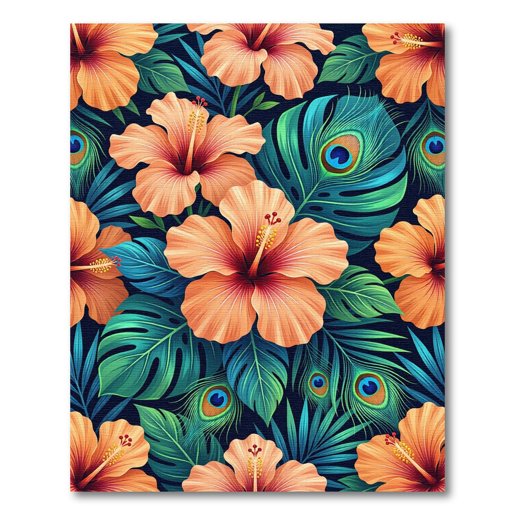 Orange Hibiscus Peacock Feather Tropical Floral Rug