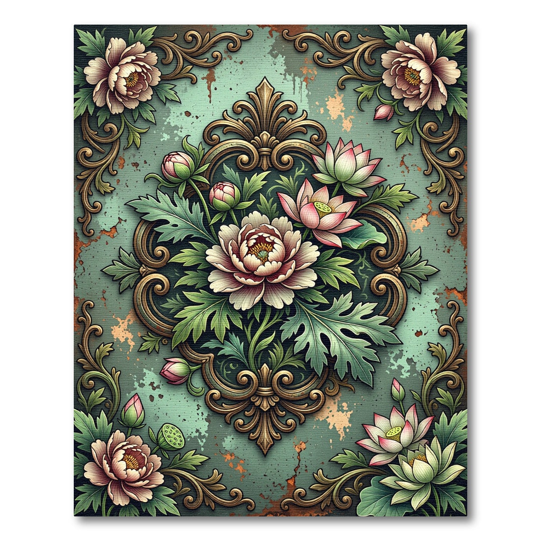 Ornate Sage Floral Peony Damask Rug
