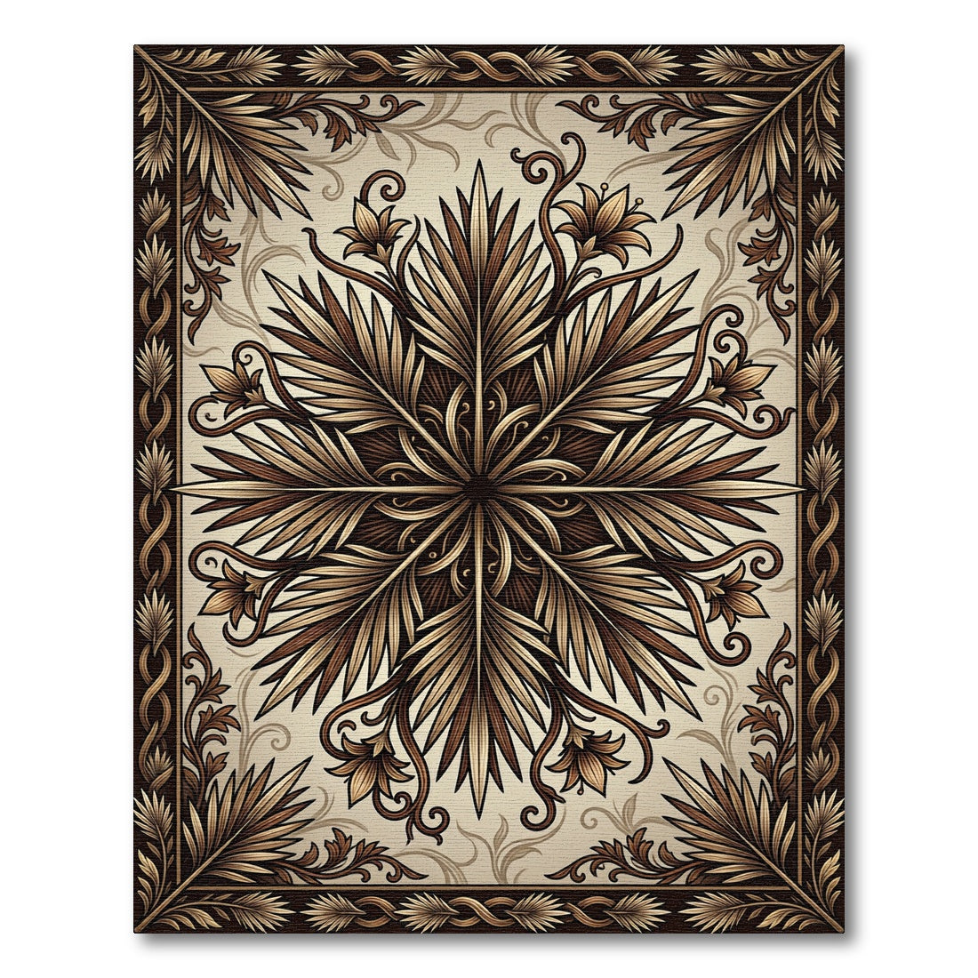 Elegant Bronze Botanical Symmetry Medallion Rug