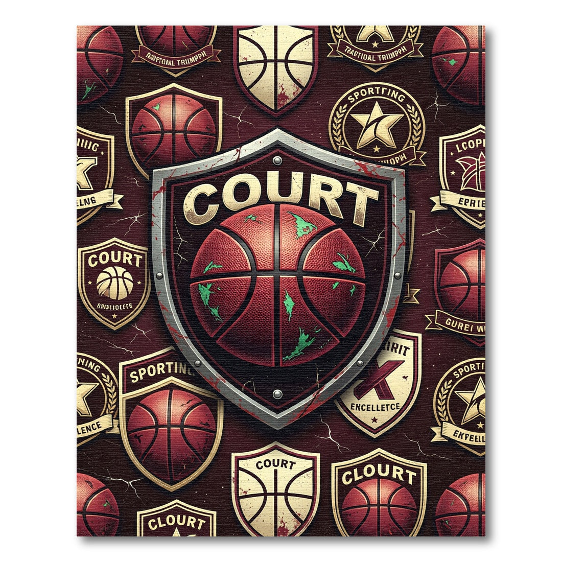 Vintage Maroon Basketball Shield Emblem Rug