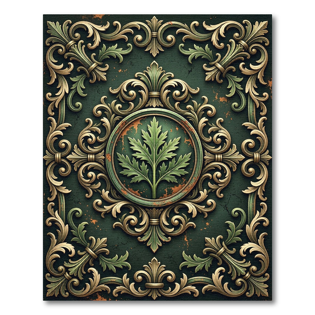 Ornate Emerald Leaf Filigree Medallion Rug