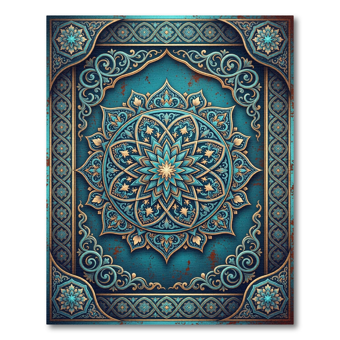 Aquamarine Golden Floral Mandala Medallion Rug