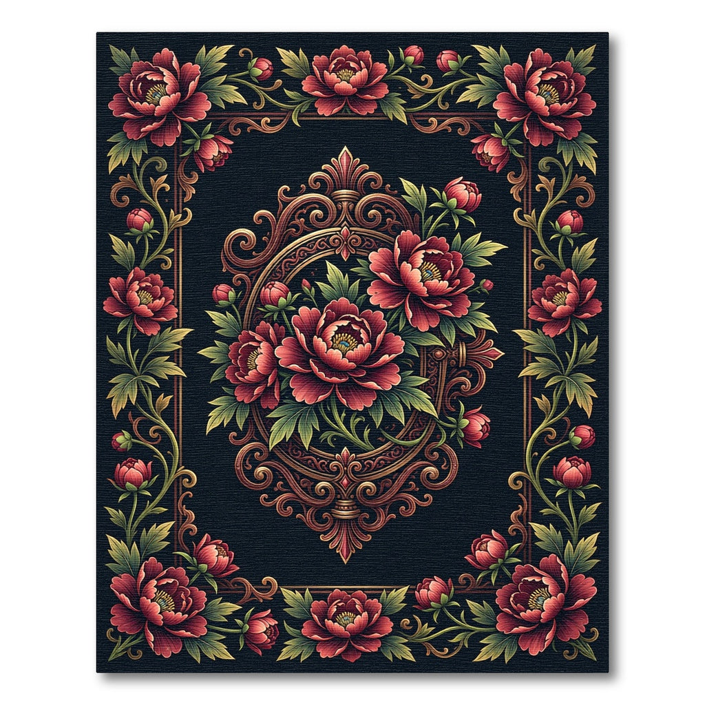 Elegant Crimson Peony Medallion Border Rug