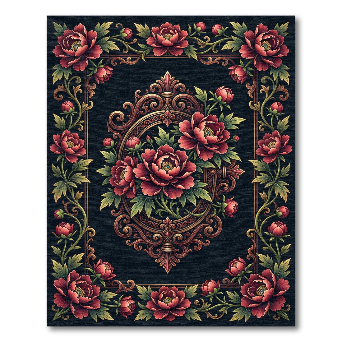 Elegant Crimson Peony Medallion Border Rug