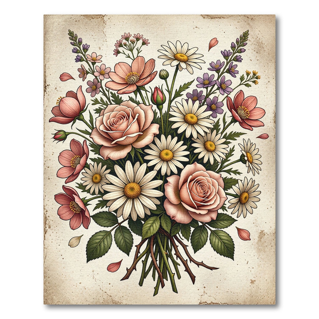 Blush Rose and Daisy Bouquet Illustration Rug