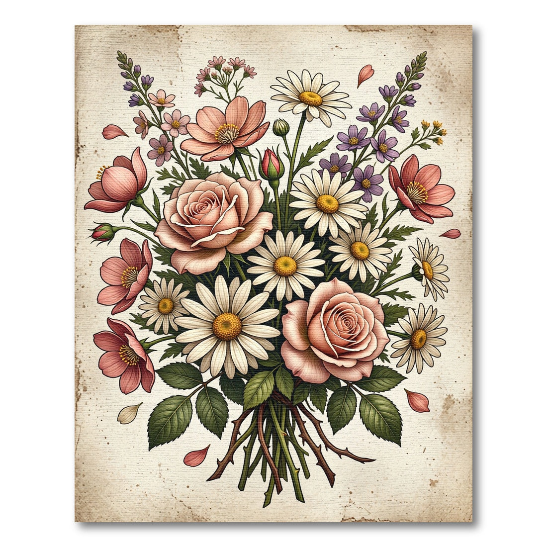 Blush Rose and Daisy Bouquet Illustration Rug