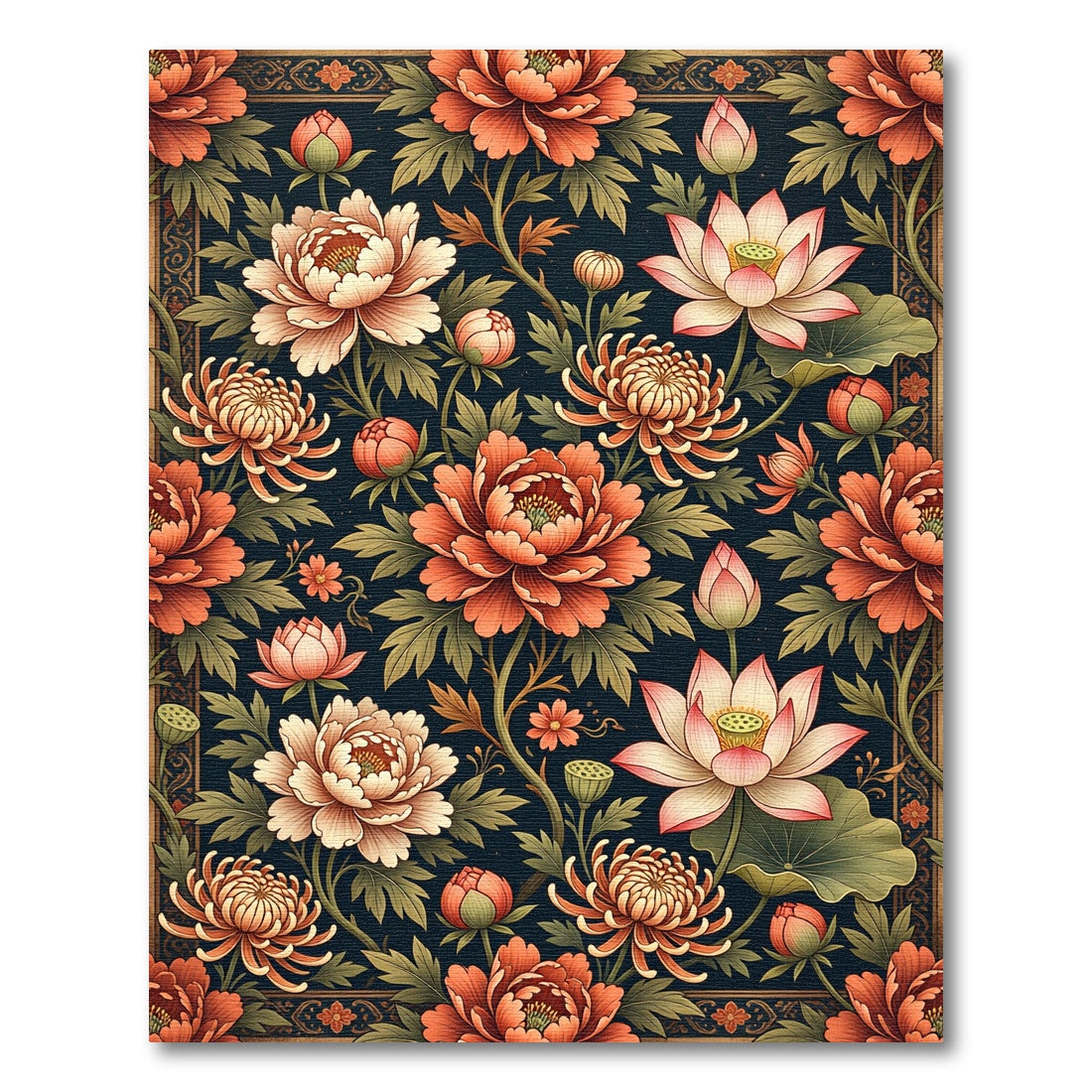 Ornate Peach Lotus Floral Dark Backdrop Rug