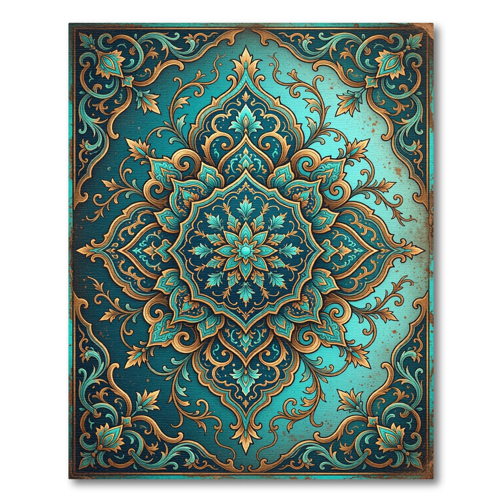 Elegant Teal Gold Filigree Floral Medallion Rug