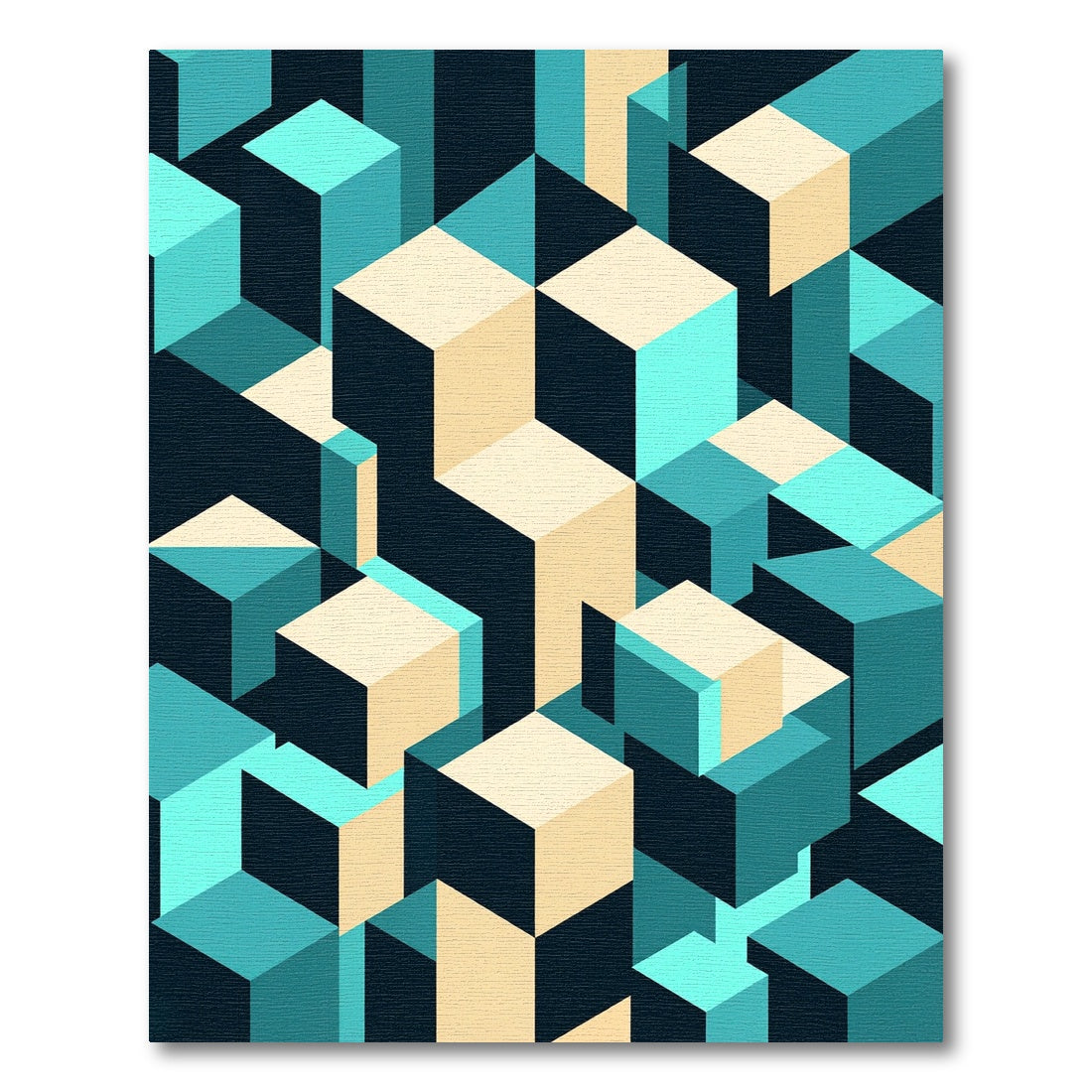 Geometric Teal Cream Cube Abstraction Rug