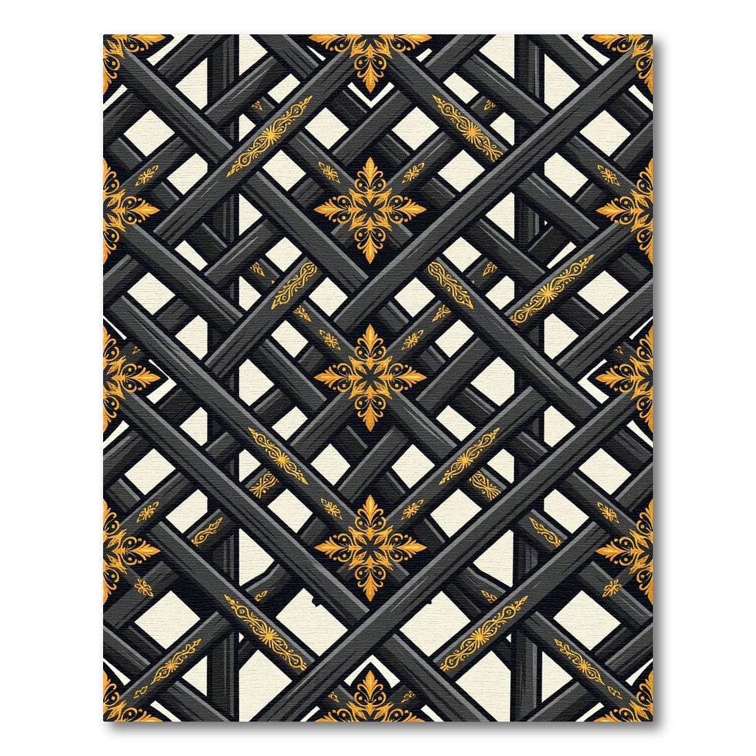 Black Gold Lattice Floral Medallion Rug