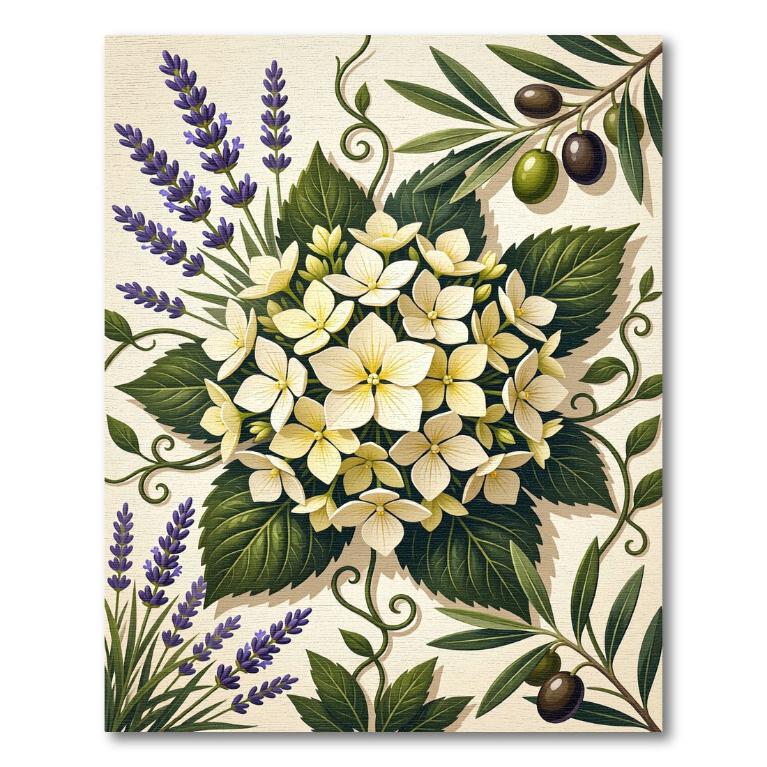 Floral Hydrangea Lavender and Olive Botanical Illustration Rug