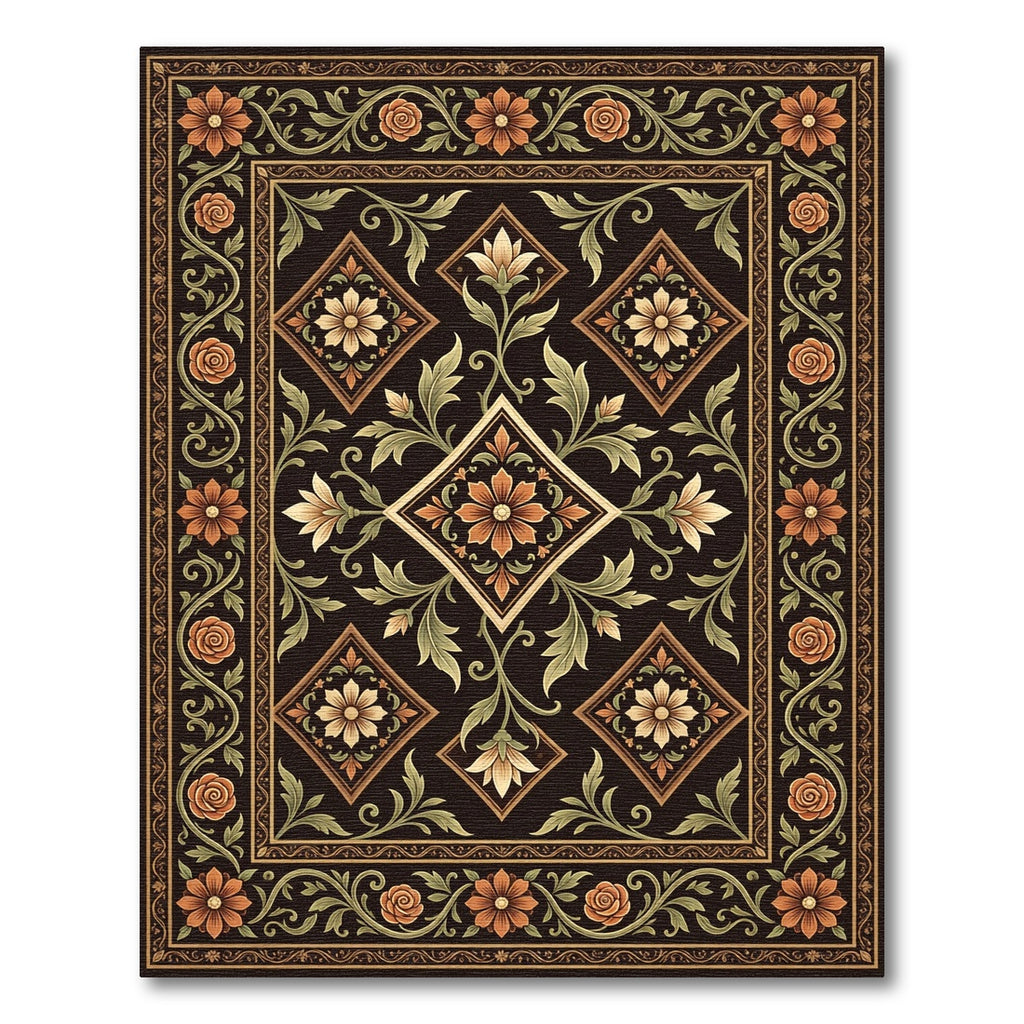 Ornate Copper Floral Diamond Botanical Rug