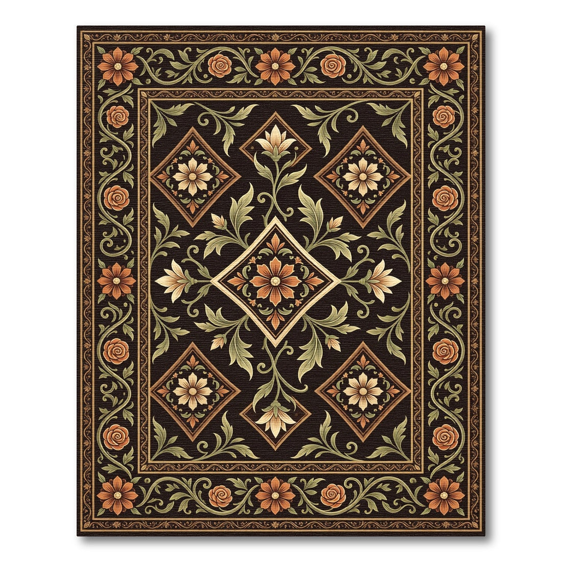 Ornate Copper Floral Diamond Botanical Rug