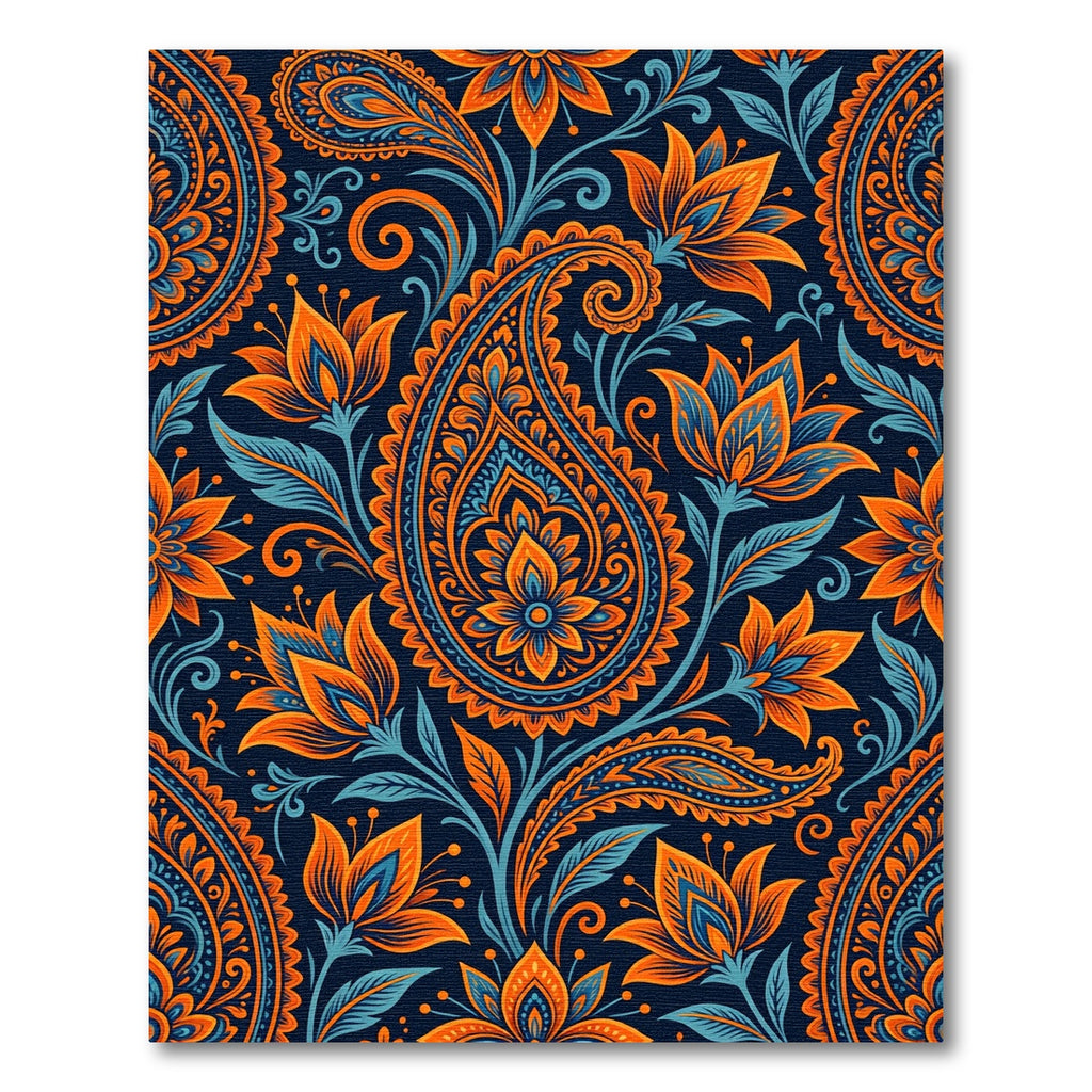 Vibrant Orange Blue Paisley Floral Rug
