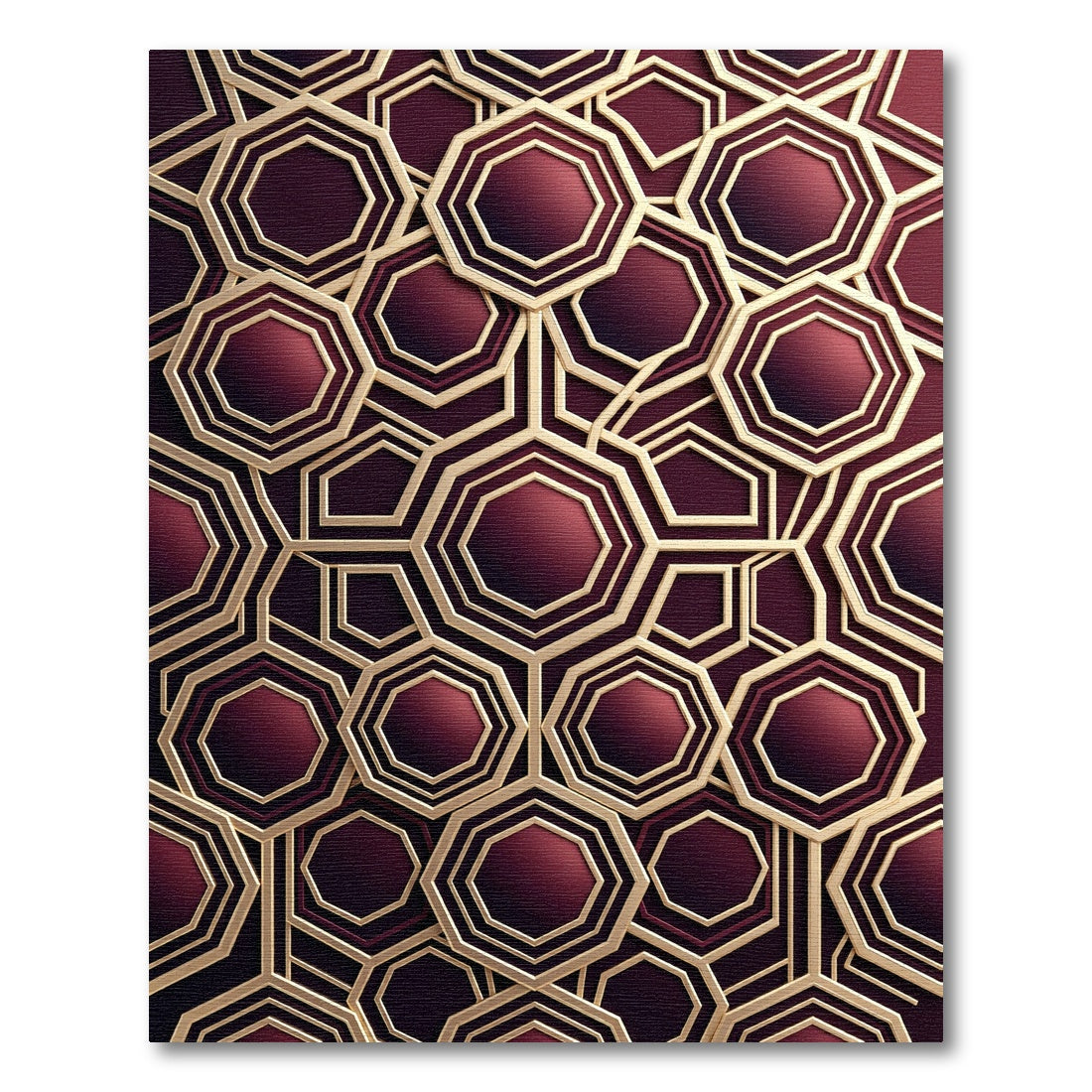 Luxurious Maroon Gold Geometric Octagon Rug