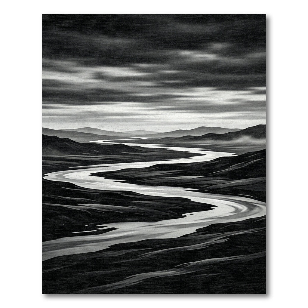 Monochromatic Winding River Landscape Contrast Rug