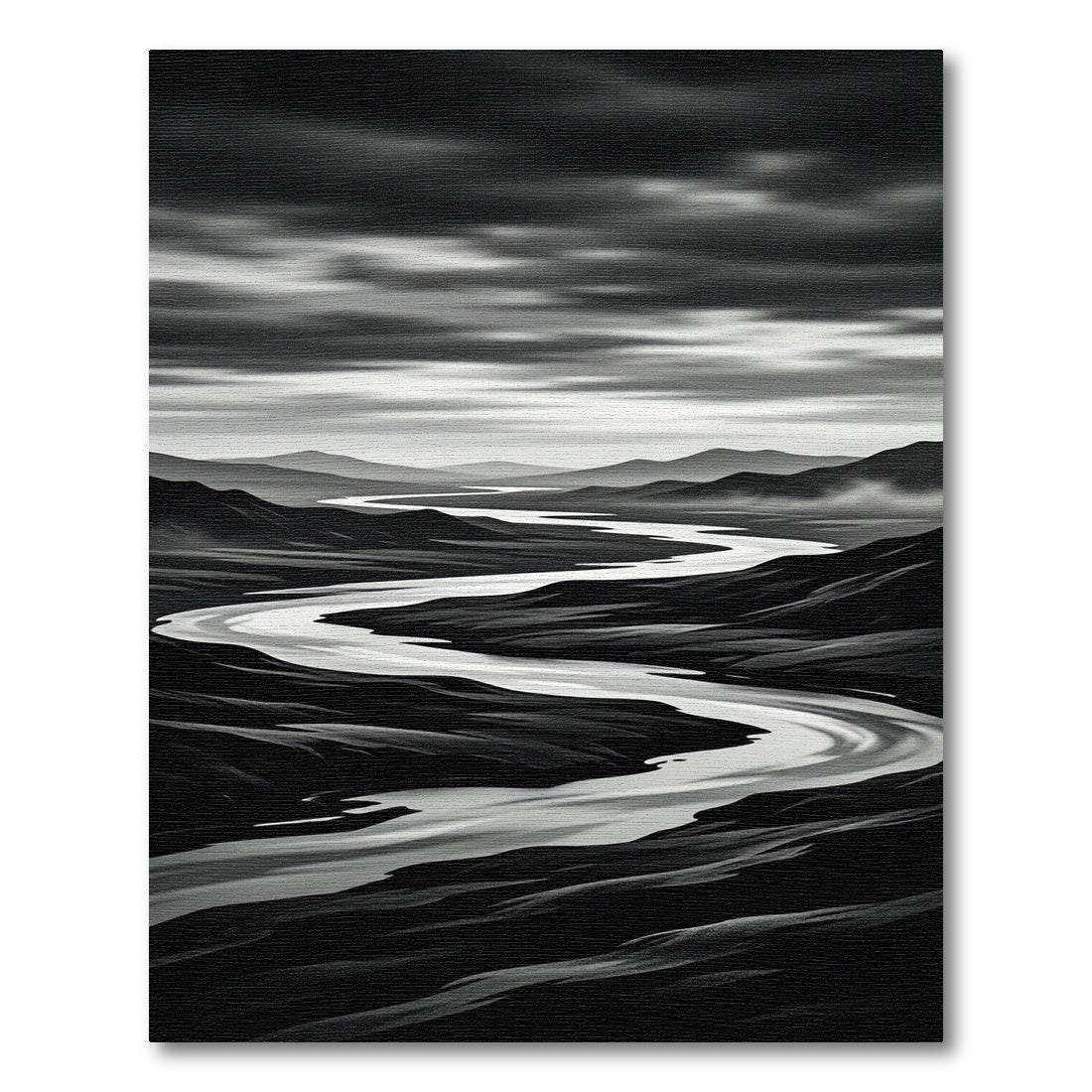 Monochromatic Winding River Landscape Contrast Rug