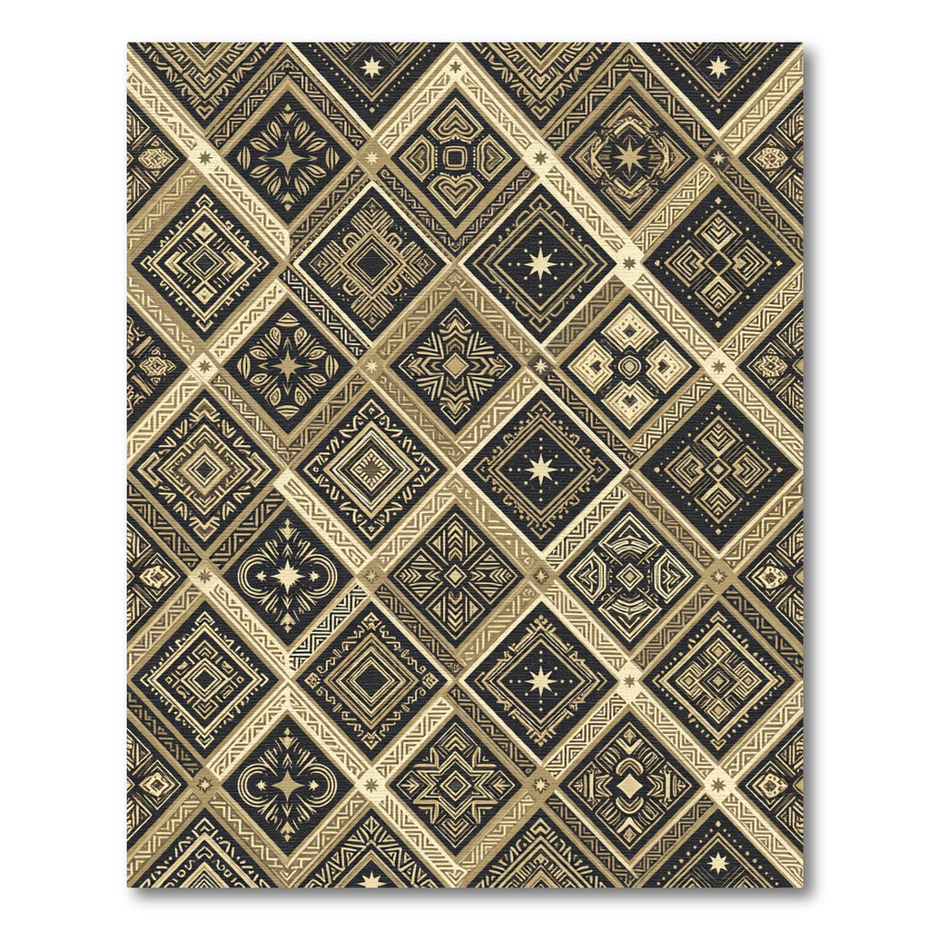 Gold Geometric Diamond Monochrome Folk Art Rug