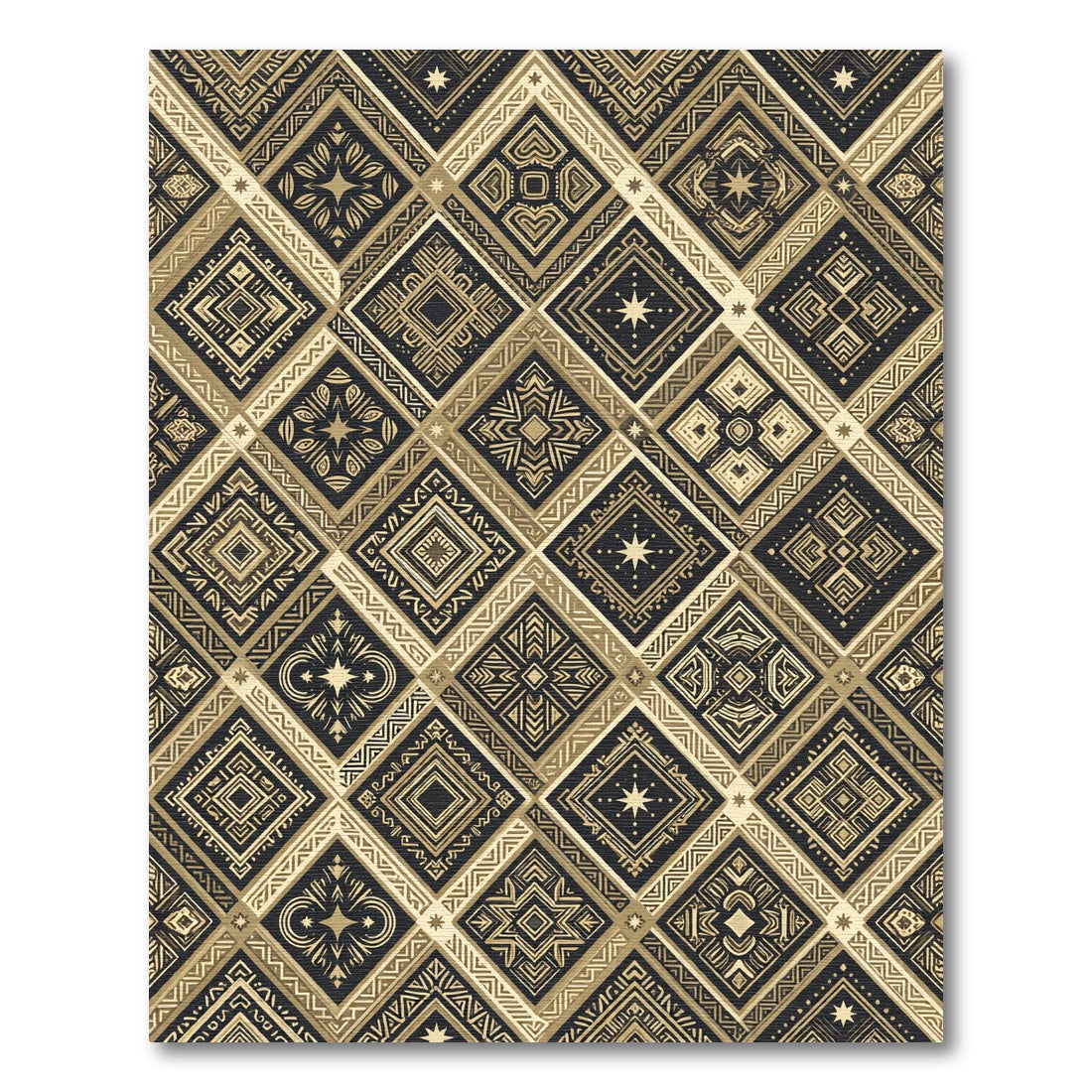 Gold Geometric Diamond Monochrome Folk Art Rug