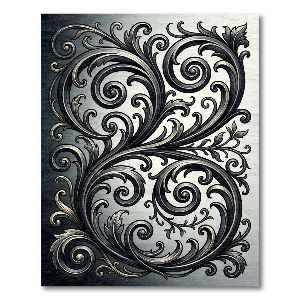Ornate Black Silver Swirl Flourish Rug