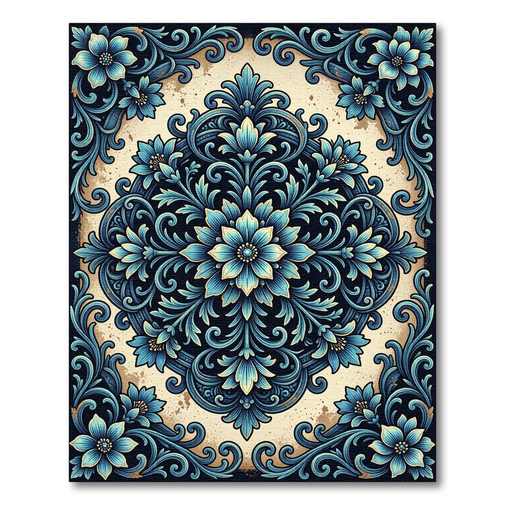 Elegant Navy and Cream Floral Medallion Rug