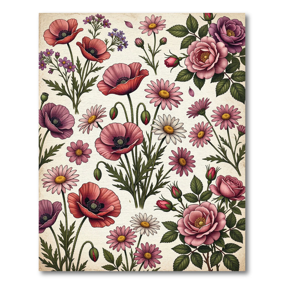 Vintage Pink Poppy Wildflower Garden Rug