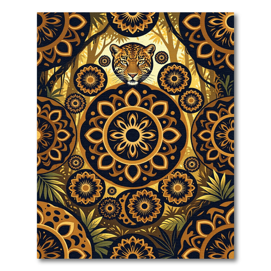Golden Jaguar Mandala Jungle Forest Art Rug
