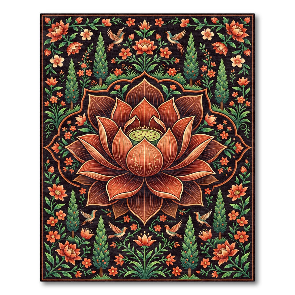 Ornate Coral Lotus Bird Garden Rug