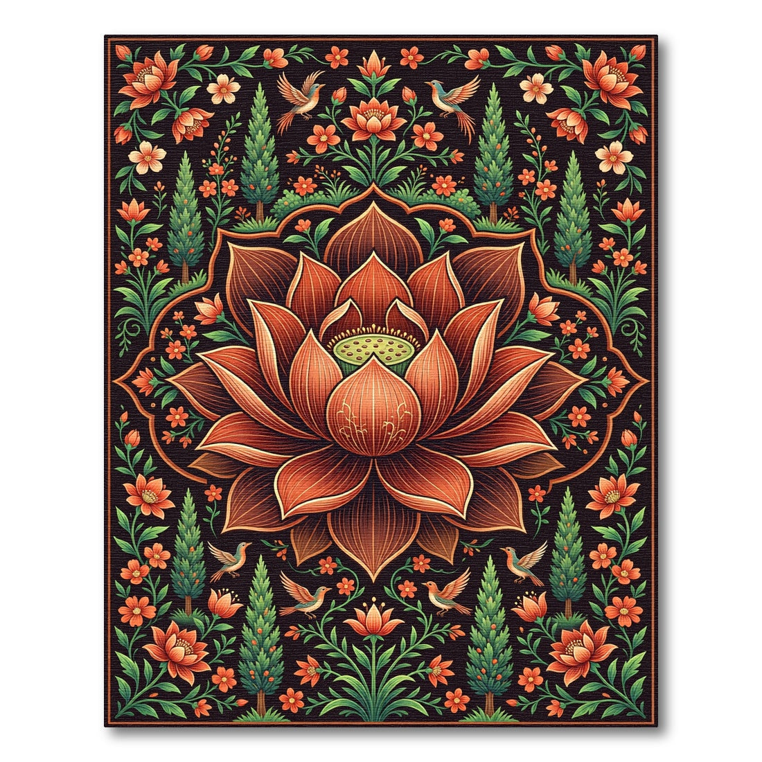 Ornate Coral Lotus Bird Garden Rug