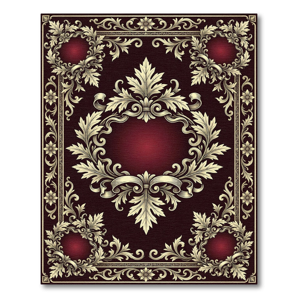 Ornate Burgundy Golden Damask Medallion Rug