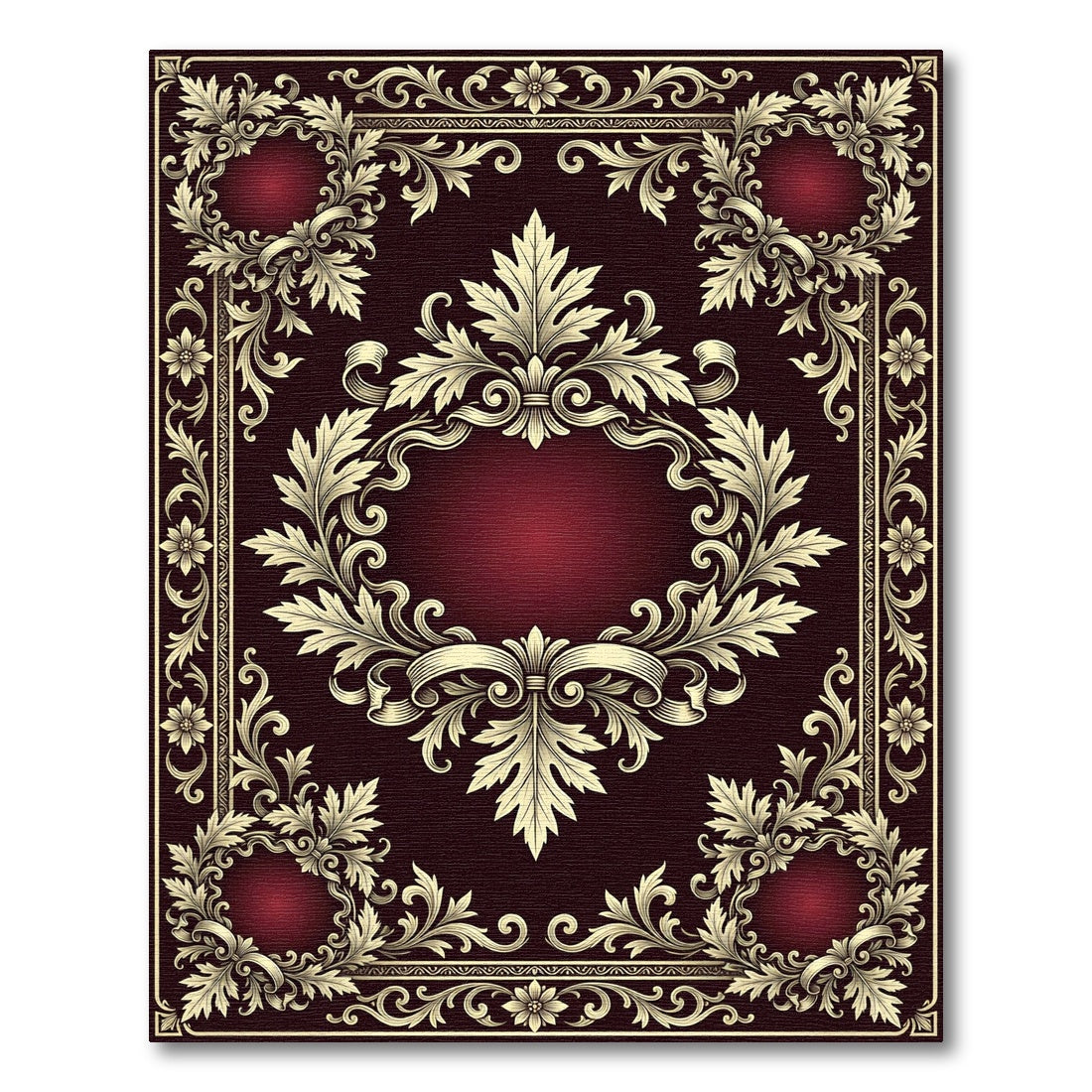 Ornate Burgundy Golden Damask Medallion Rug