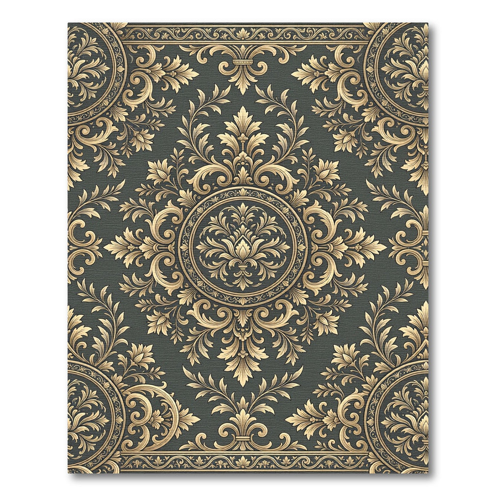 Elegant Gold Damask Charcoal Medallion Rug