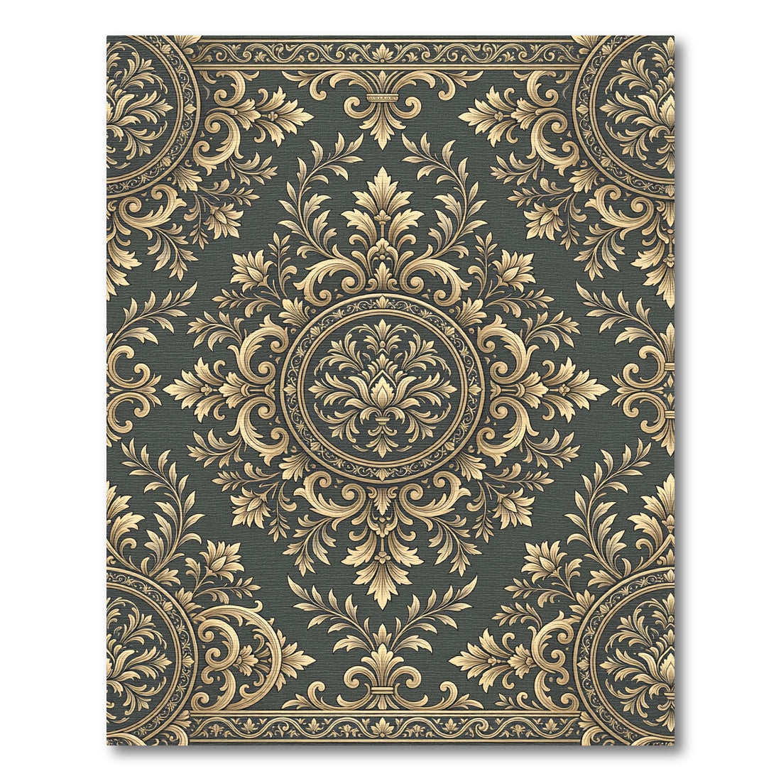 Elegant Gold Damask Charcoal Medallion Rug