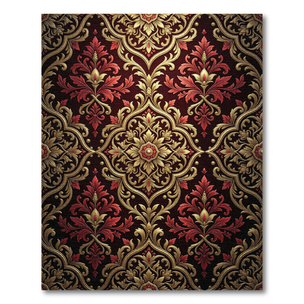Elegant Crimson Gold Damask Medallion Rug