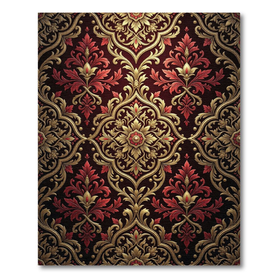 Elegant Crimson Gold Damask Medallion Rug