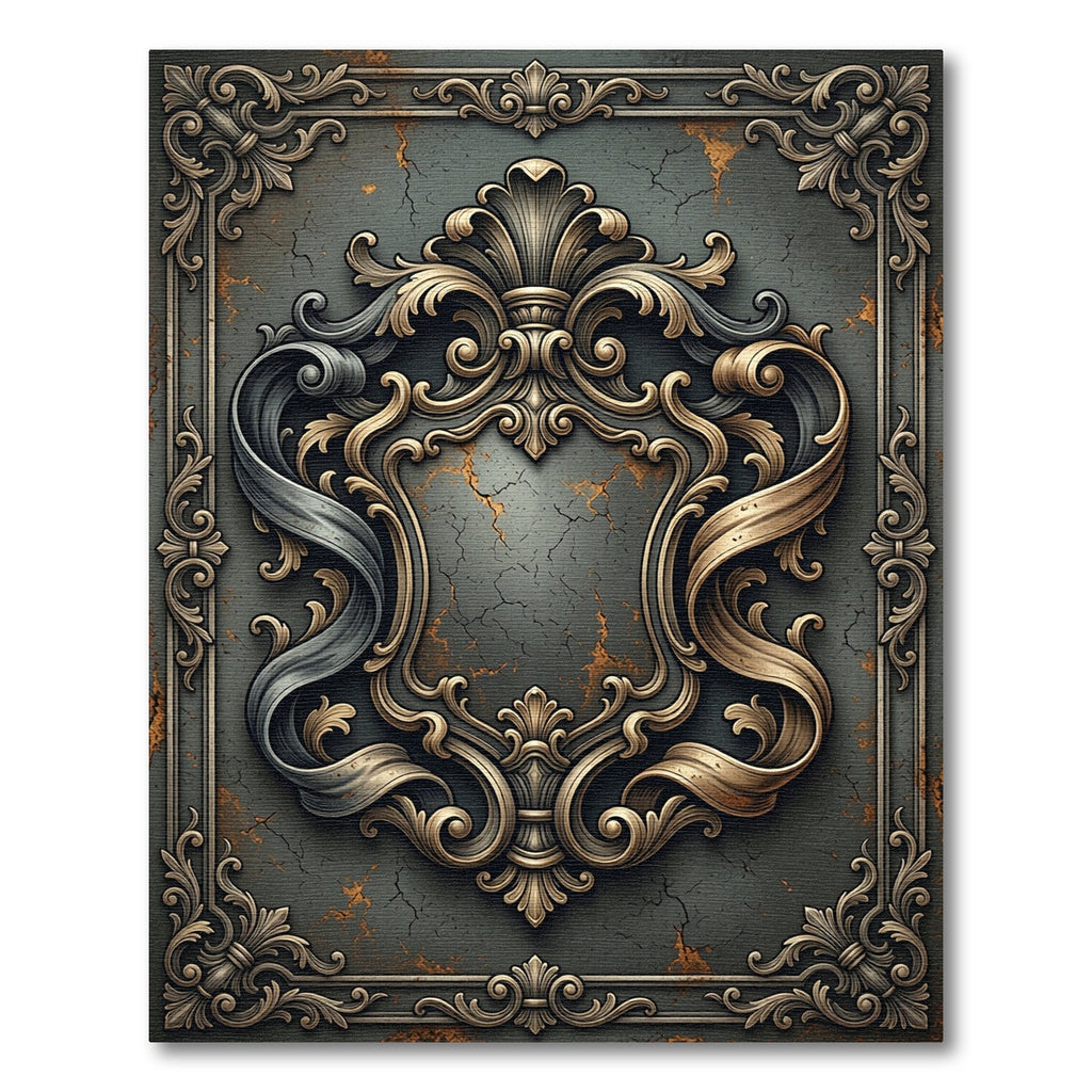 Ornate Gold Charcoal Baroque Scroll Frame Rug