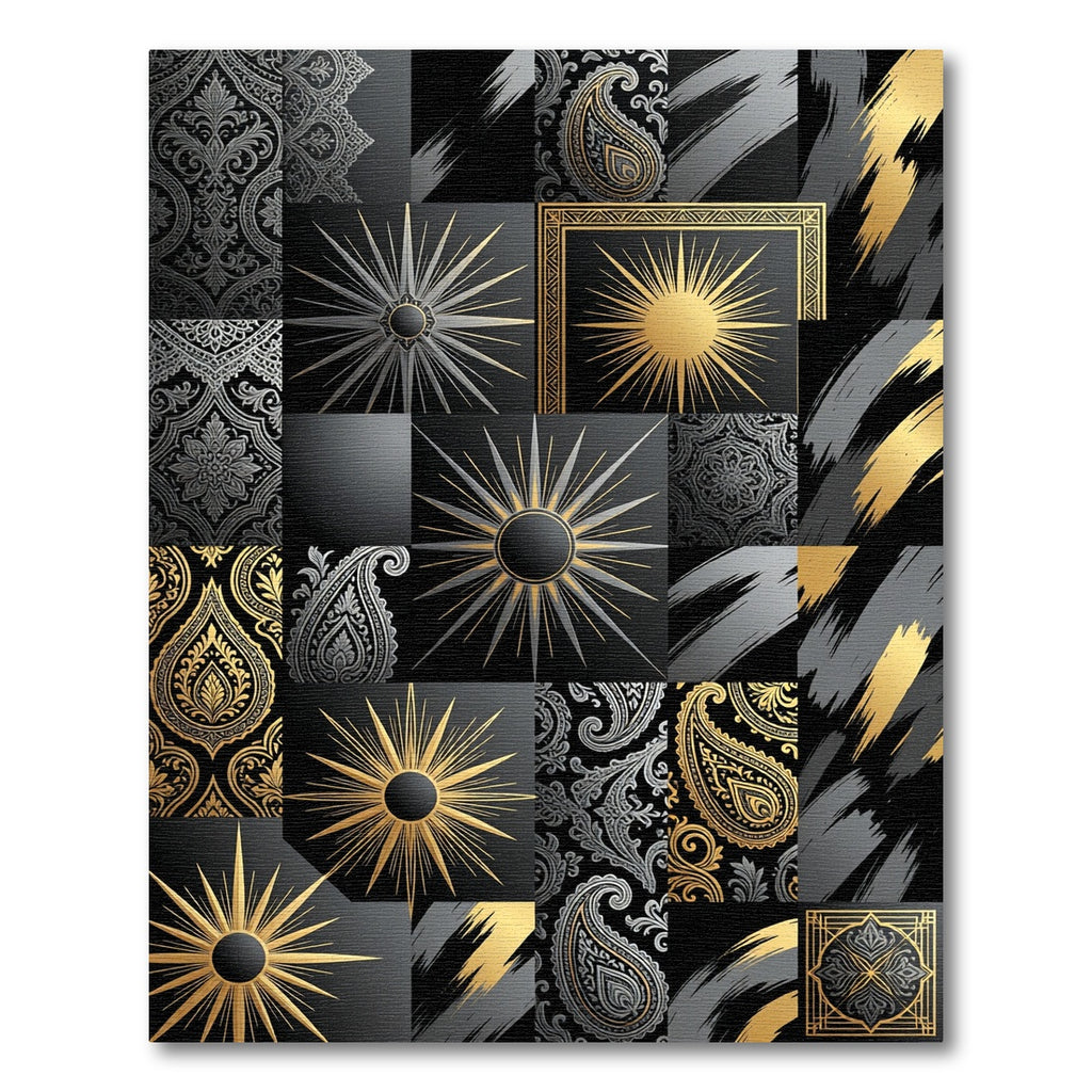 Gold Black Paisley Sunburst Collage Rug