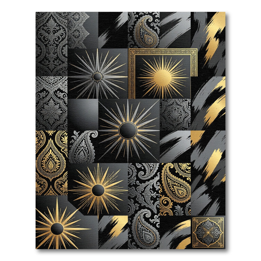 Gold Black Paisley Sunburst Collage Rug