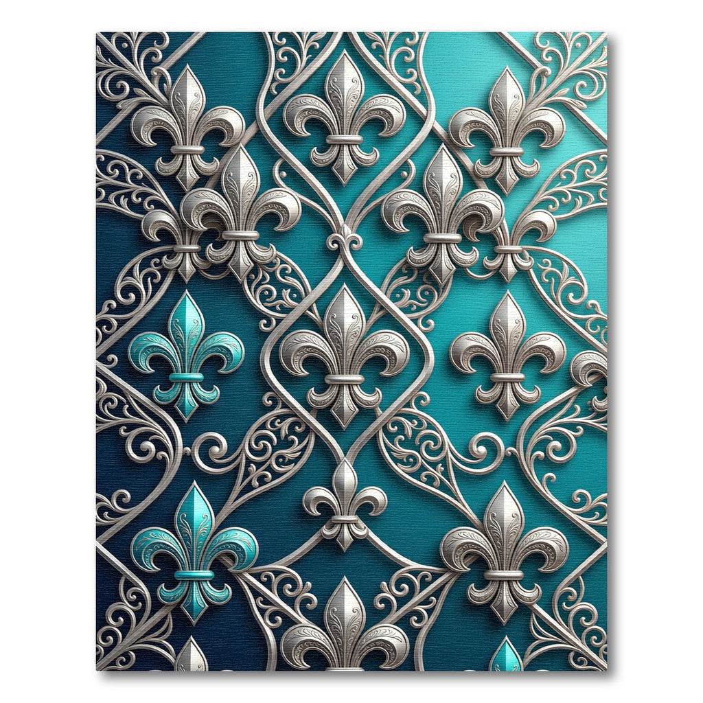 Elegant Teal Silver Fleur-de-Lis Lattice Rug