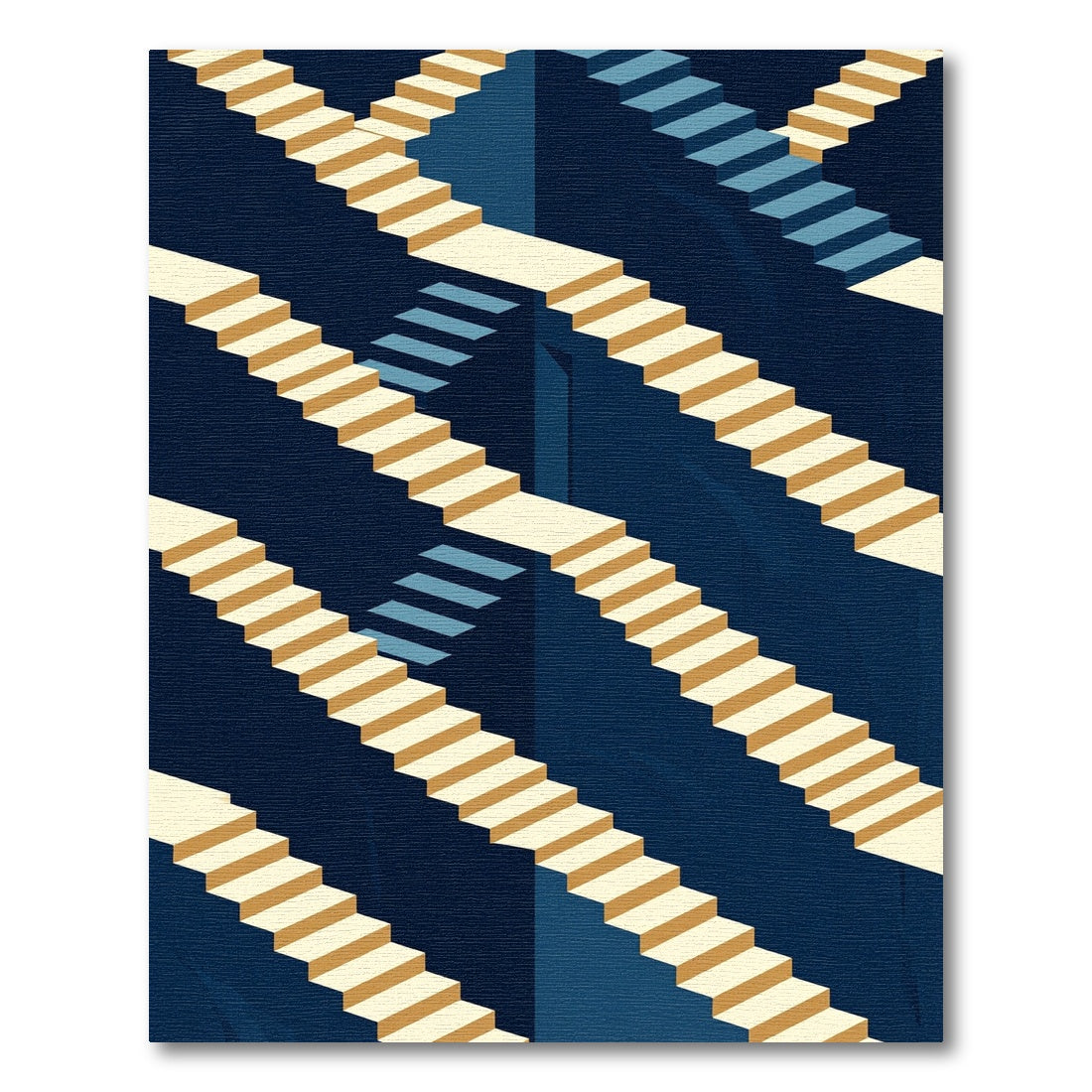 Geometric Isometric Staircase Navy Gold Rug