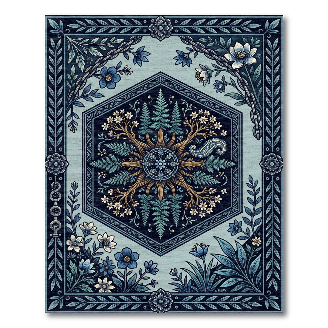 Midnight Blue Botanical Hexagon Meadow Rug