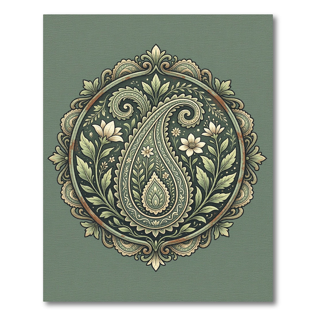 Sage Green Ornate Paisley Floral Medallion Rug