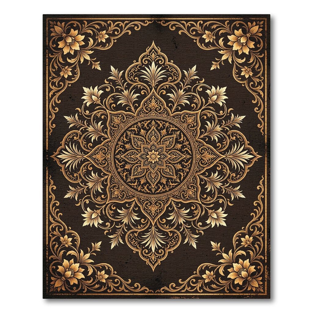 Ornate Gold Floral Medallion Charcoal Backdrop Rug