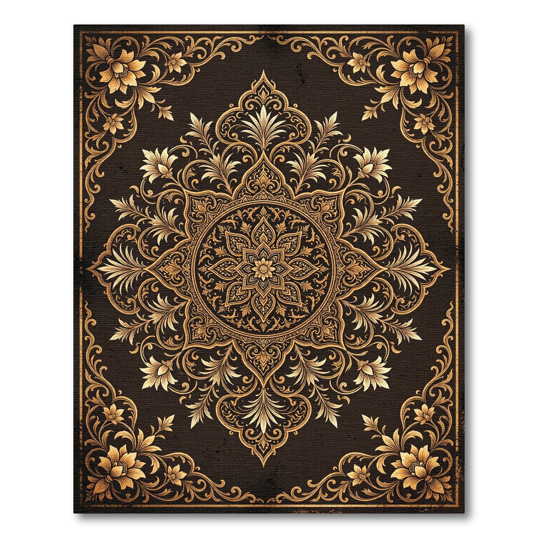 Ornate Gold Floral Medallion Charcoal Backdrop Rug