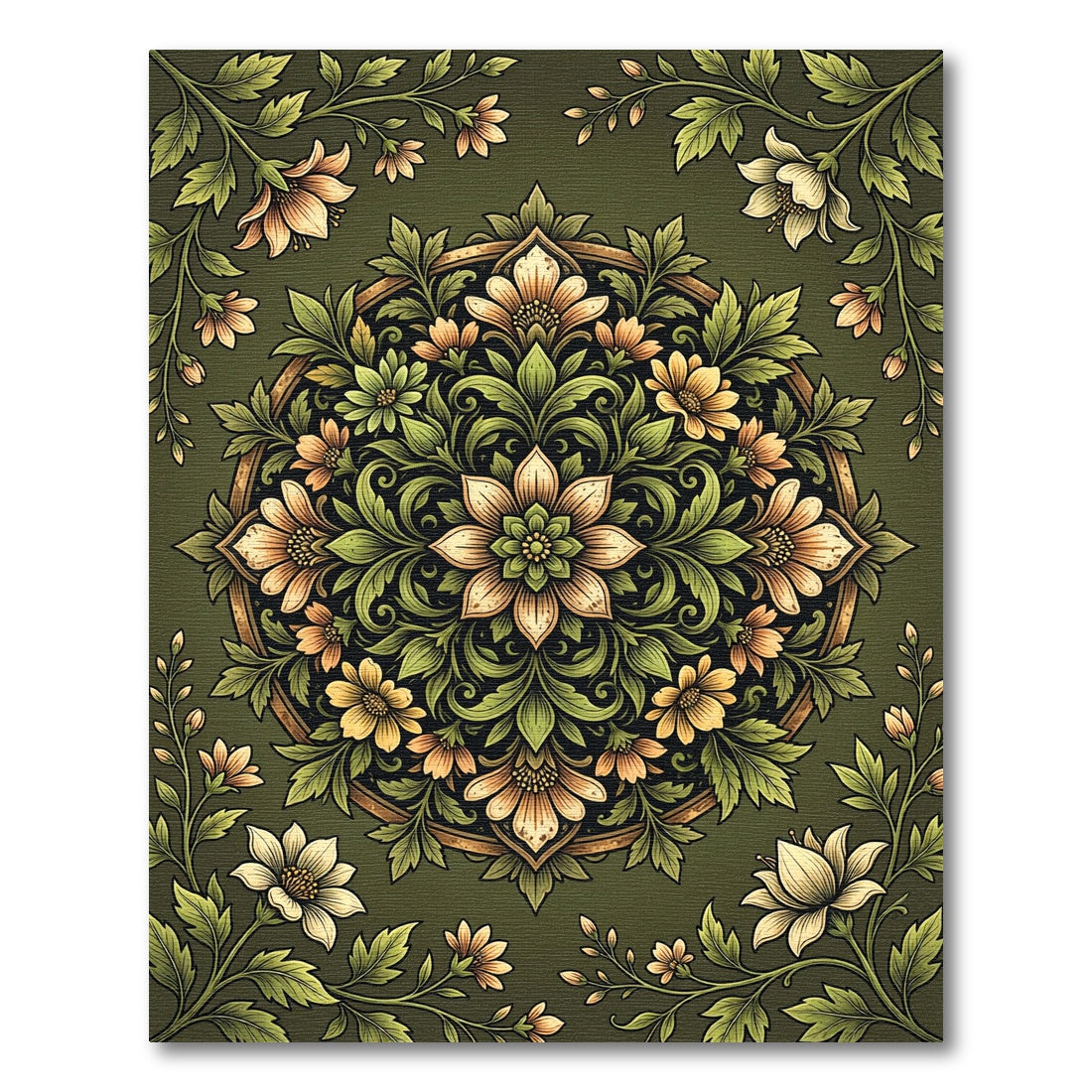 Elegant Sage Green Floral Mandala Rug